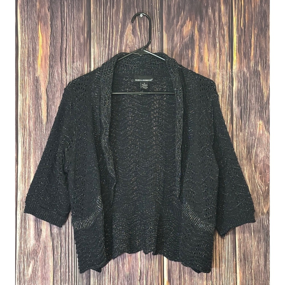 Isabella Rodriguez Cardigan Sweater Womens L Black Knit Shimmer Open Front